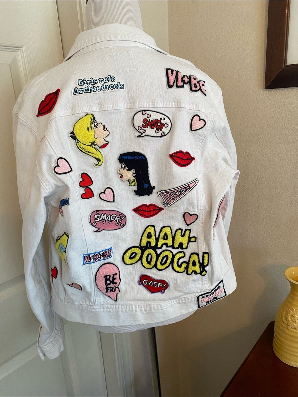 Rachel Antonoff Betty and Veronica White Denim Jacket with Colorful Comic Patc